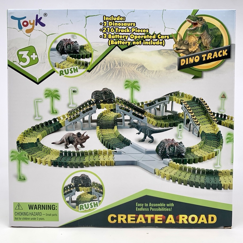 Toyk Create A Road Dino Set - 216 Flexible Track Pieces, 2 Cars, and 2 Dinosaurs